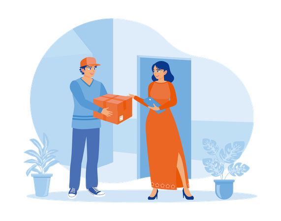 Woman receives order box from delivery person at home  Illustration