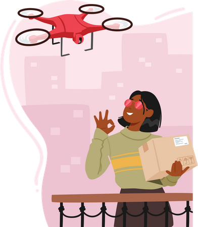 Woman Receives Parcel Through Drone Delivery Service Illustration