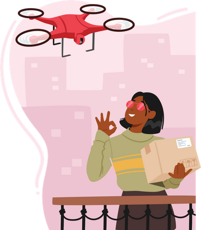 Woman Receives Parcel Through Drone Delivery Service  Illustration