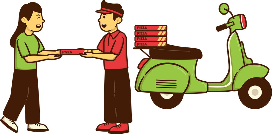 Woman receives pizza courier from delivery boy  Illustration