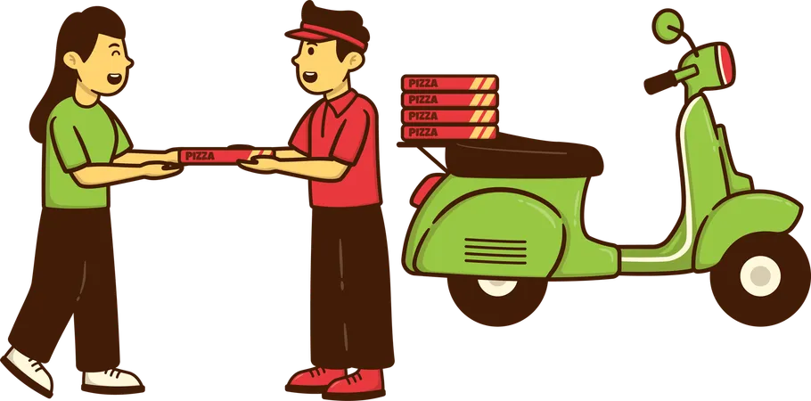 Woman receives pizza courier from delivery boy  Illustration