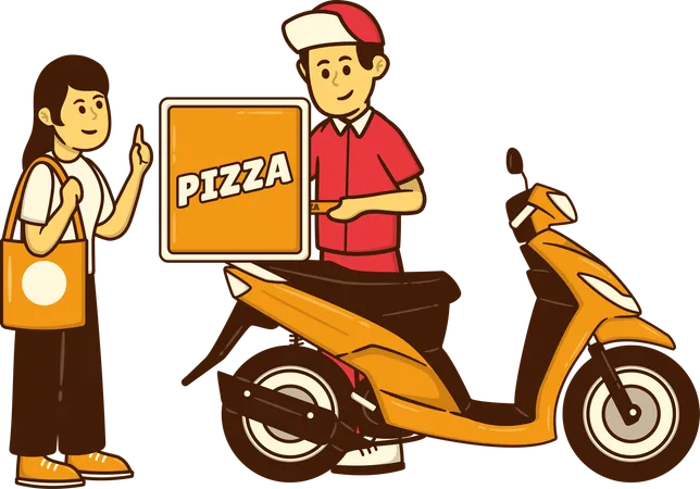 Woman receives pizza delivery from pizza boy  Illustration