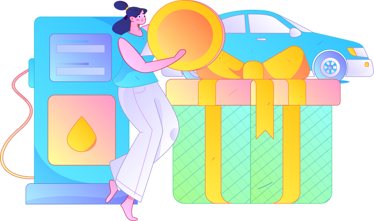 Woman receiving coupon from fuel station  Illustration