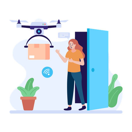 Woman receiving delivery through drone Illustration