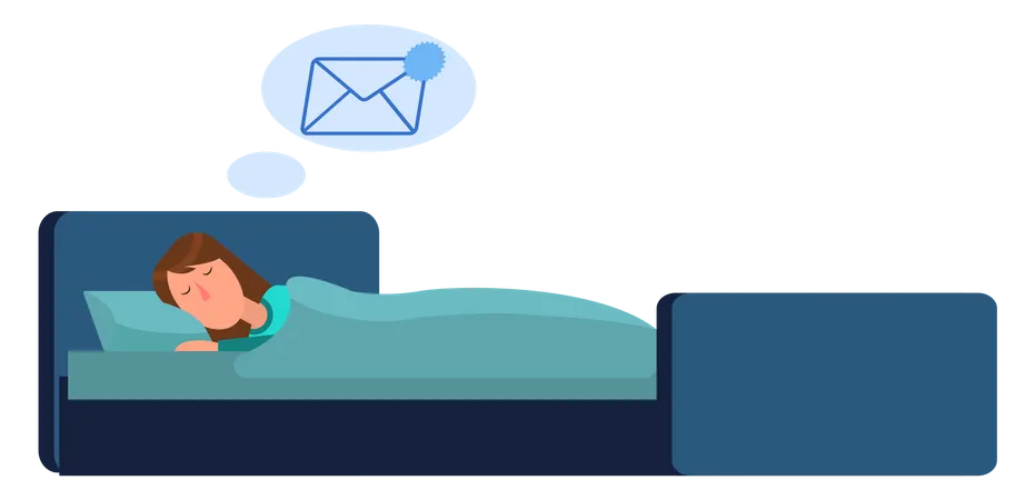 Woman receiving email while she is asleep  Illustration