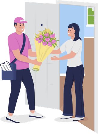 Woman receiving flower delivery Illustration