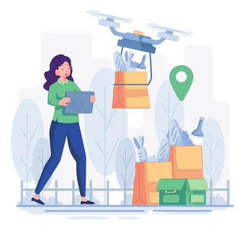 Woman receiving food delivery via drone Illustration