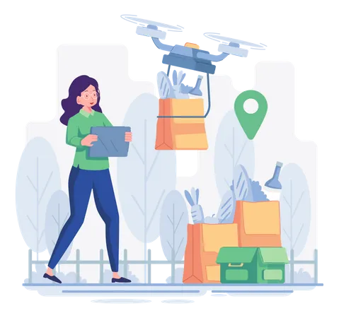 Woman receiving food delivery via drone  Illustration