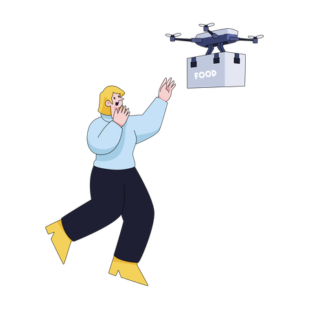 Woman receiving food delivery via drone  Illustration