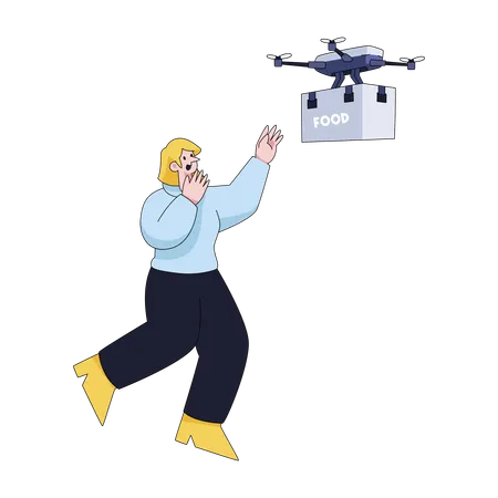 Woman receiving food delivery via drone  Illustration