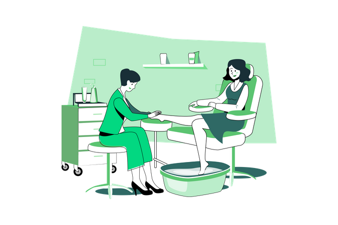 Woman receiving foot massage service from masseuse Illustration