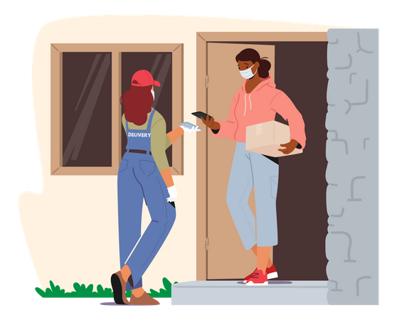 Woman receiving home delivery during coronavirus pandemic  Illustration