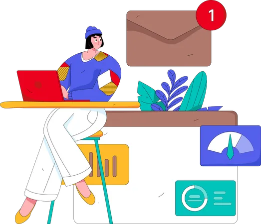 Woman receiving new email  Illustration