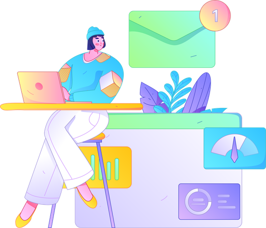 Woman receiving new email  Illustration