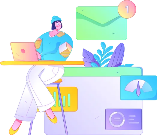 Woman receiving new email  Illustration