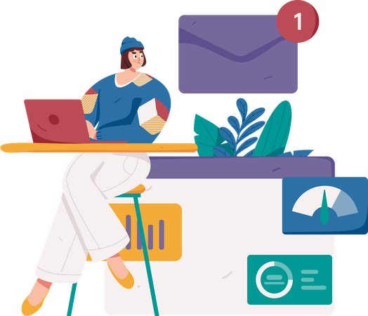 Woman receiving new email  Illustration