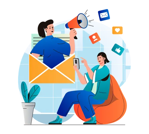 Email Marketing Concept In Modern Flat Design Woman Receiving Newsletter In Mobile App Marketer With Megaphone Attracts New Customers Online Promotion And Advertising Campaign Vector Illustration Illustration