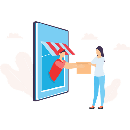 Woman receiving online parcel from delivery  Illustration