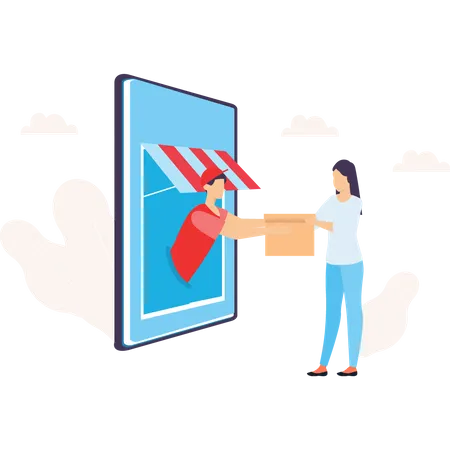 Girl Holding The Parcel From Online Delivery Illustration