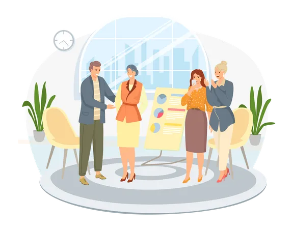 Happy Woman Or Girl Businesswoman Receives Congratulations From Their Colleagues In Office Clerk Got Promotion At Work Business Team Communication Corporate Unity And Effective Interaction Illustration