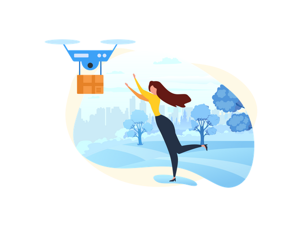 Woman Recieve Parcel through Fast Dron Devivery  Illustration