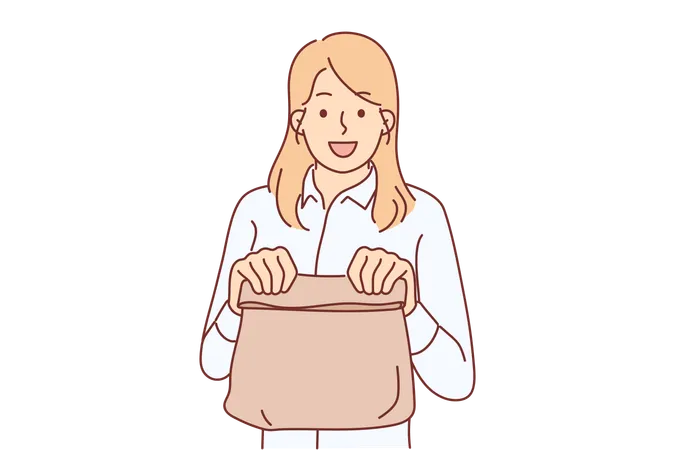 Woman With Paper Bag From Store Recommends Use Of Biodegradable Shopping Packaging To Protect Nature From Plastic Happy Girl With Paper Bag With Breakfast Bought In Takeaway Bakery Illustration