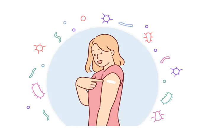 Woman Recommends Vaccination To Improve Immunity Stands In Invisible Cocoon That Protects Against Viruses Girl Promotes Idea Of Compulsory Vaccination By Pointing To Injection Mark On Arm Illustration