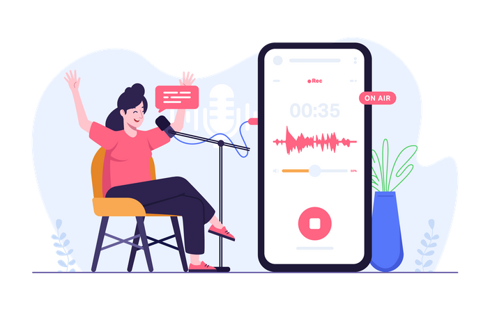 Woman recording podcast audio via mobile  Illustration