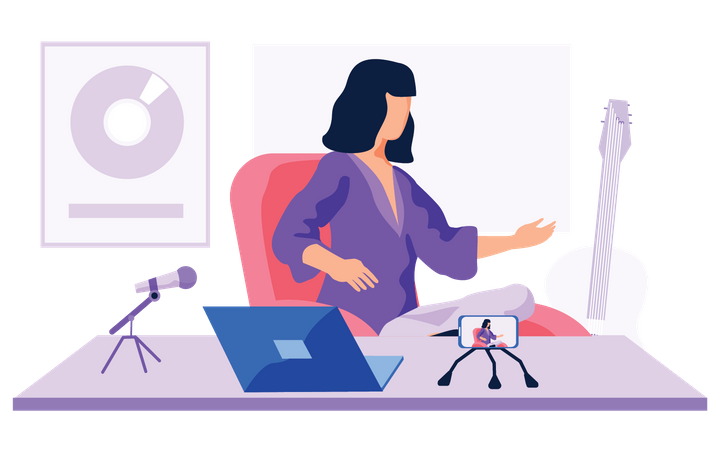 Woman recording podcast  イラスト