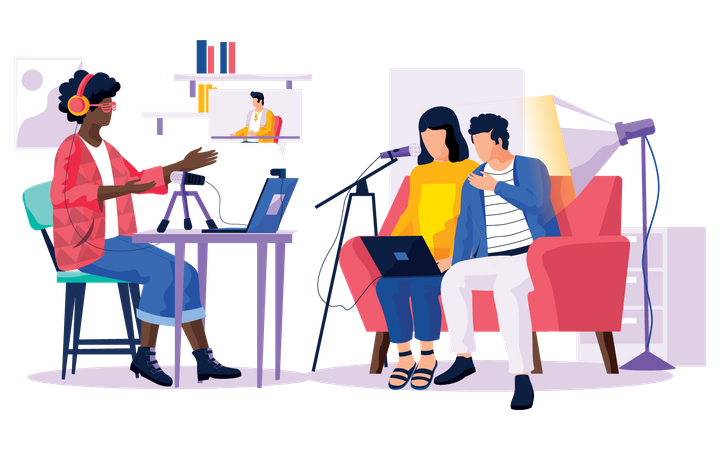 Woman recording podcast  イラスト