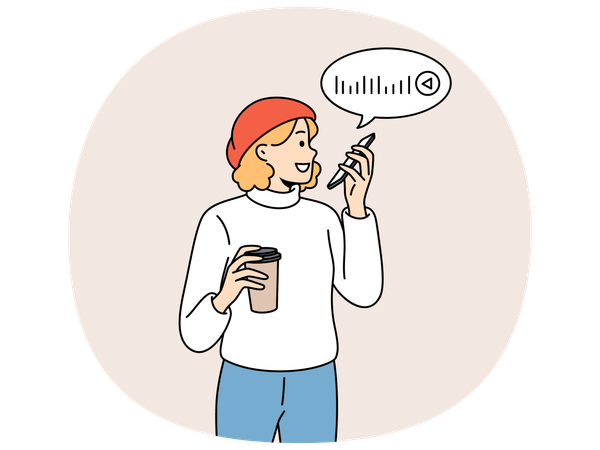 Woman recording voice messages holding phone and plastic glass of coffee  Illustration