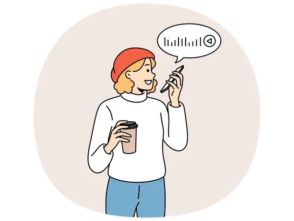 Woman recording voice messages holding phone and plastic glass of coffee  Illustration
