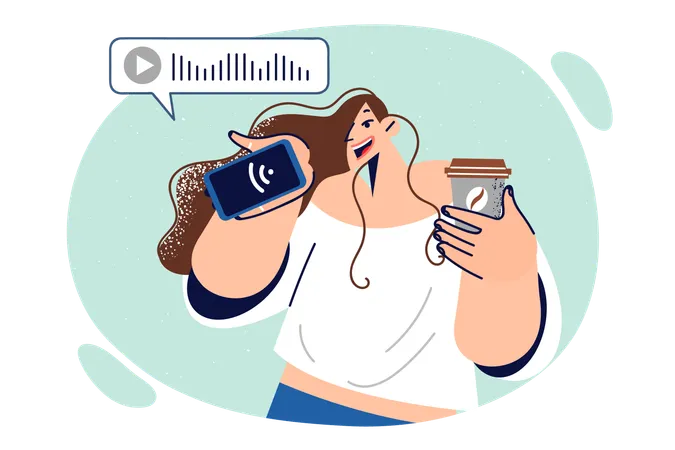 Woman records voice message on mobile phone and drinks coffee  イラスト