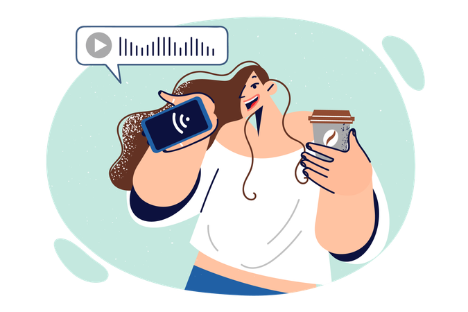 Woman records voice message on mobile phone and drinks coffee  Illustration