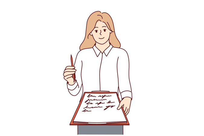 Woman recruiter offers to sign job offer holding out clipboard and pen to screen  Illustration