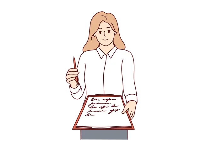 Woman recruiter offers to sign job offer holding out clipboard and pen to screen  Illustration
