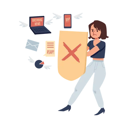 Woman reflecting attack of news flow Illustration