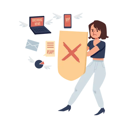 Woman reflecting attack of news flow  Illustration