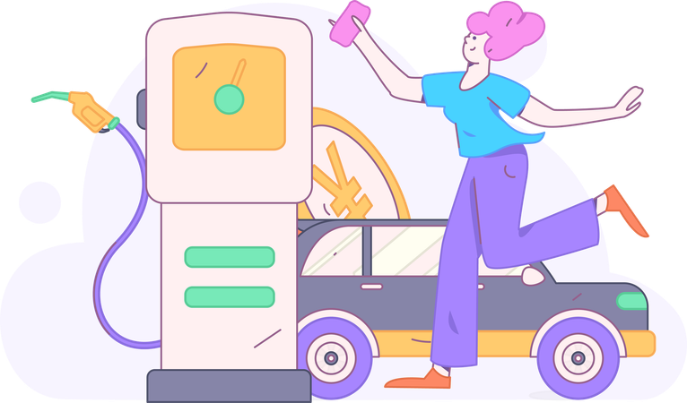 Woman refueling car at petrol station  Illustration