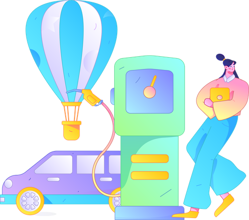 Woman refuelling hot air balloon tank  Illustration