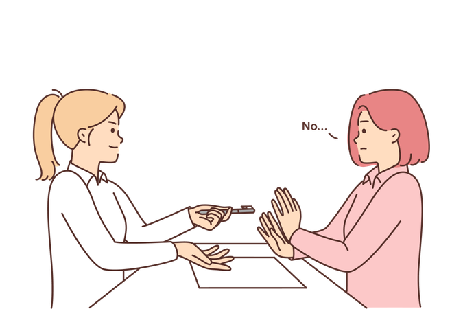 Woman refuses to sign contract sitting at table and does not want to take pen from girl  Illustration