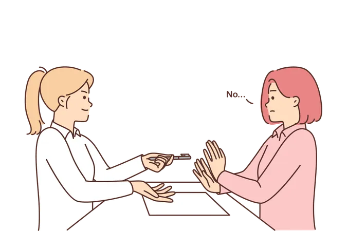 Woman refuses to sign contract sitting at table and does not want to take pen from girl  イラスト