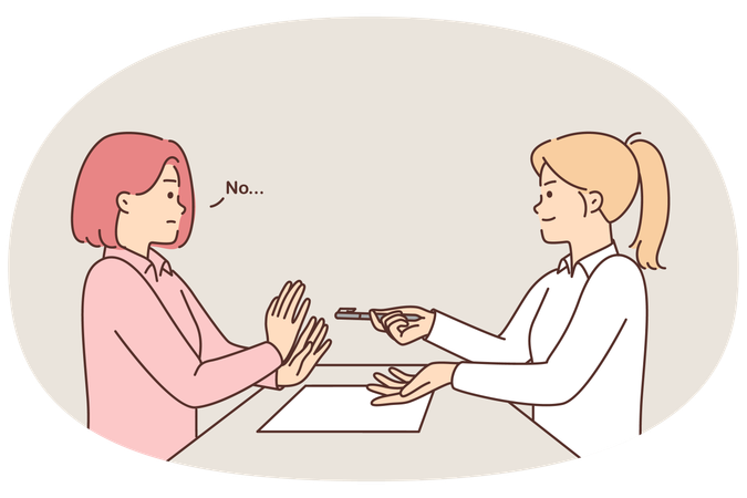 Woman refuses to sign contract sitting at table and does not want to take pen from HR manager girl  Illustration