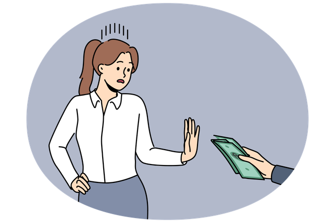 Woman refuses to take bribe making stop gesture and not wanting to participate in corruption deals  Illustration