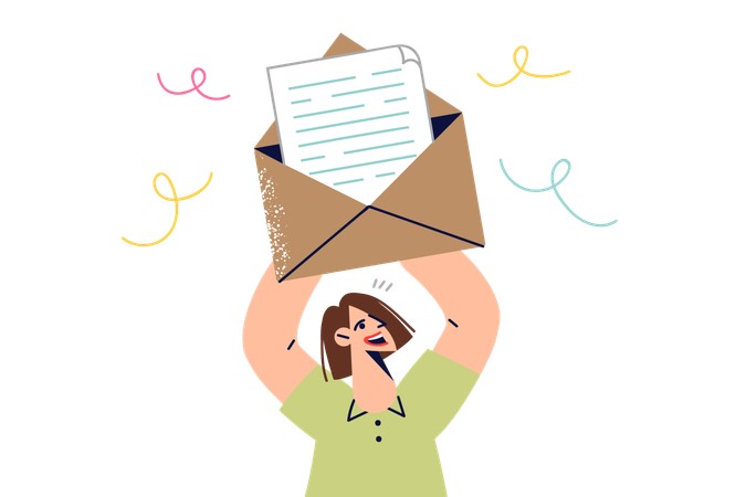 Woman rejoices after receiving letter with good news  Illustration