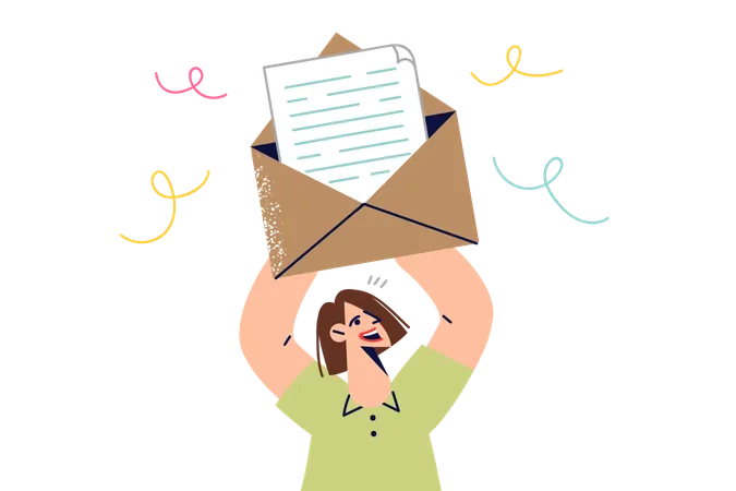 Woman Rejoices After Receiving Letter With Good News Raising Large Envelope With Message Above Head Girl Received Letter And Celebrates Having Learned About Possibilities Of Postal Voting Illustration