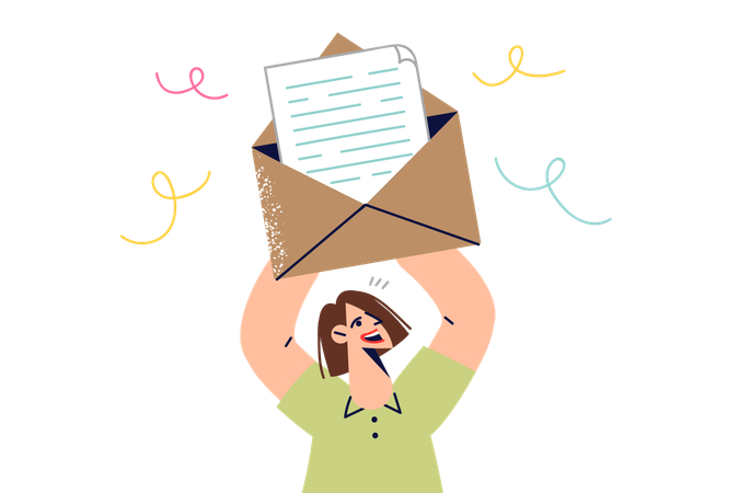 Woman rejoices after receiving letter with good news and raising large envelope with message above head  Illustration