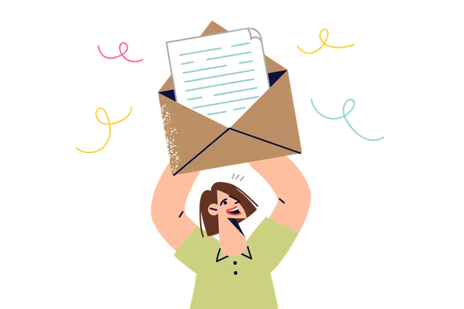 Woman rejoices after receiving letter with good news and raising large envelope with message above head  Illustration