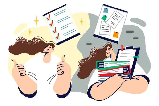 Woman Rejoices At Having Time Management Skills Standing Near Sad Colleague Who Is Breaking Deadlines Girl Before And After Training In Time Management And Professional Task Planning Illustration