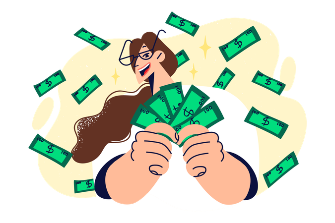 Woman rejoices at money rain and holds dollar bills in hands  イラスト